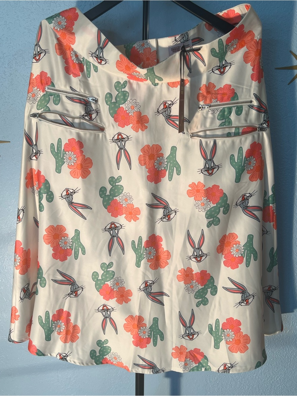 Unique Vintage Bugs Bunny Cream Skirt with Coral Floral & Green Cactus Print